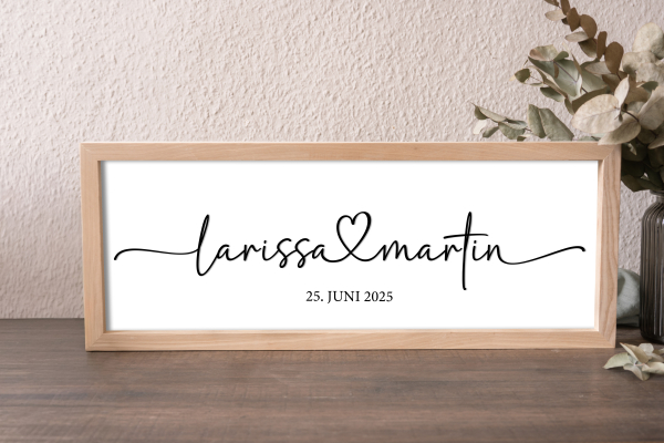 Personalisierter Hochzeitsrahmen aus Eschenholz mit 3D-Acryl-Schriftzug und UV-Druck des Hochzeitsdatums – stilvolles Geschenk für Brautpaare